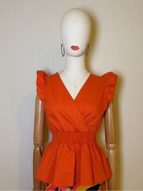 Monteau Los Angeles Orange Ruffle Peplum Top Size L